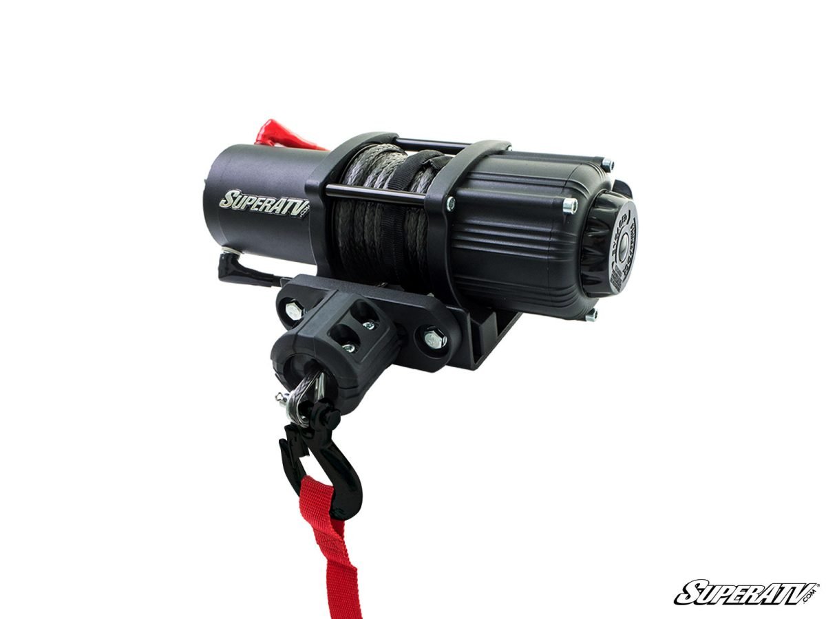 A stand alone shot of a black winch on a white background.