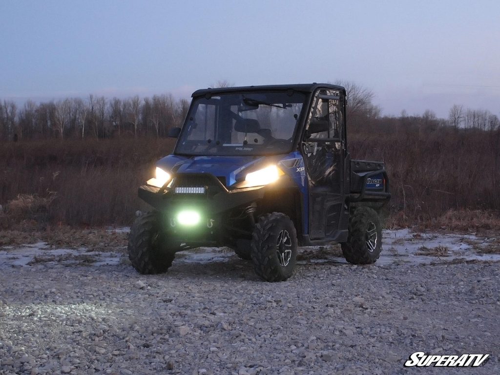 A Polaris Ranger with a 6-inch light bar on the front.