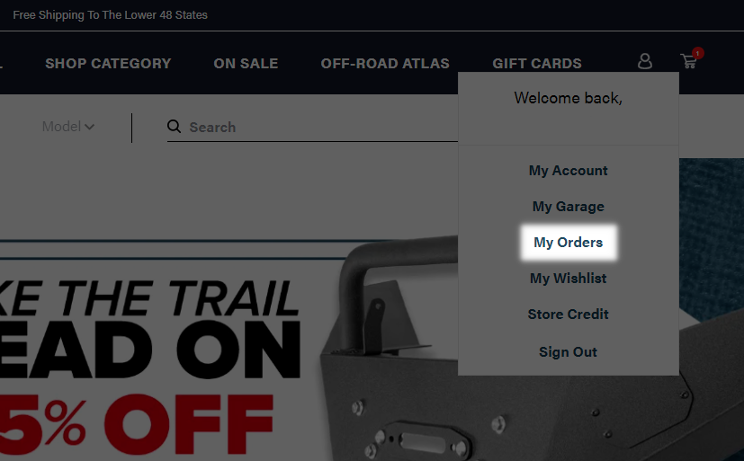 Menu showing my order option which takes you to your SuperATV order status.