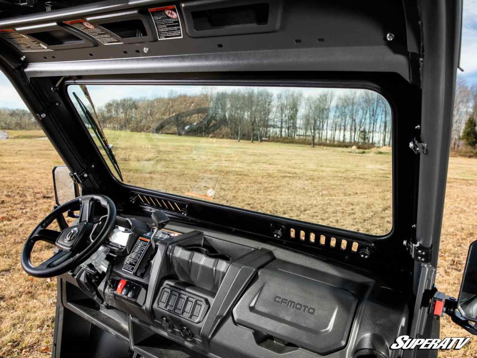 Interior view out of a CF Moto windshield.