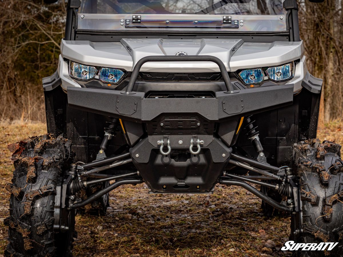 A head-on view of a defender with a huge aluminum bumper installed on a Can-Am Defender.