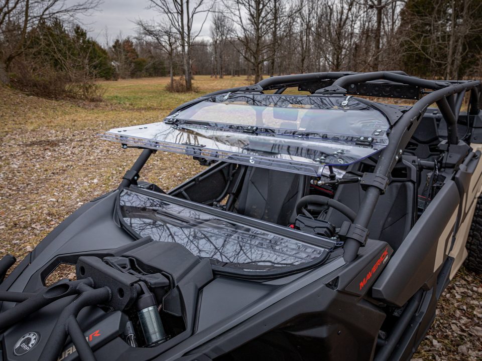 A flip windshield installed on a Can-Am Maverick X3.