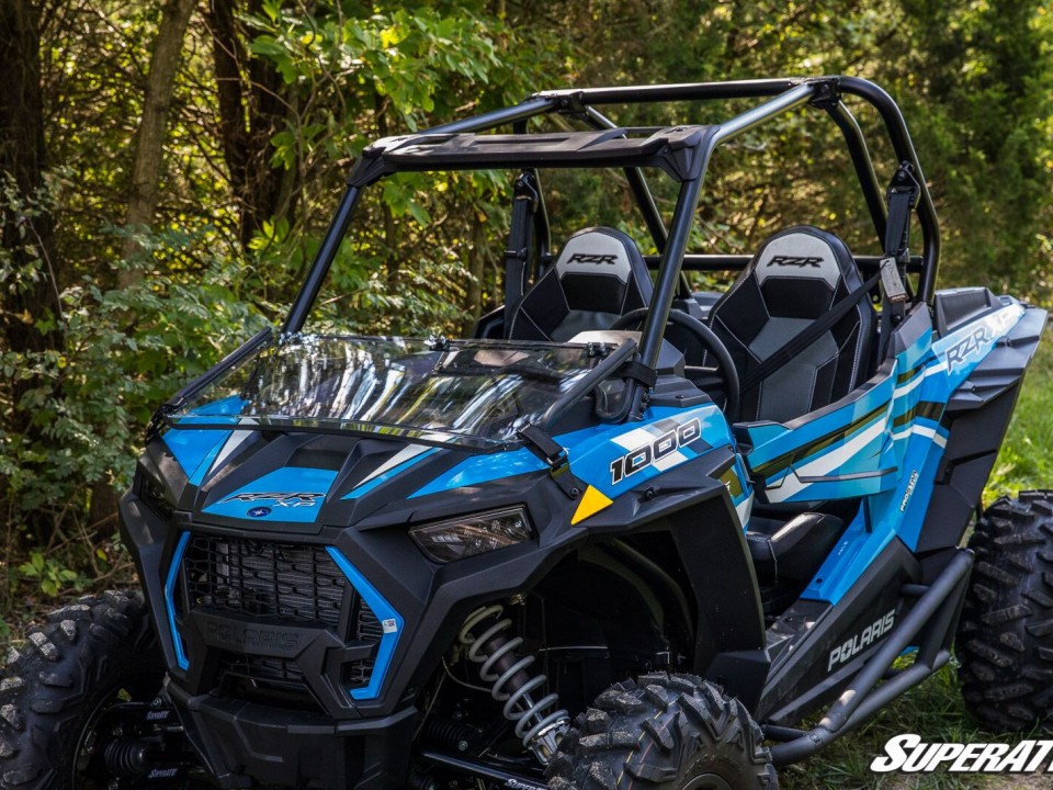 A flip down windshield on a Polaris RZR