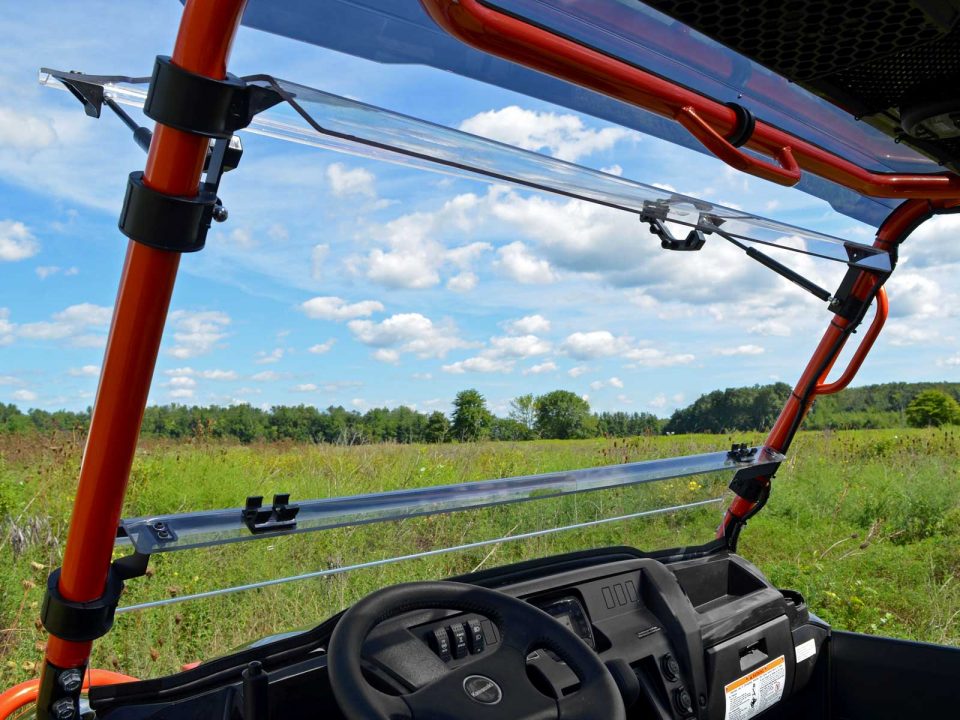 A flip windshield installed on a Kawasaki Mule Pro FXT