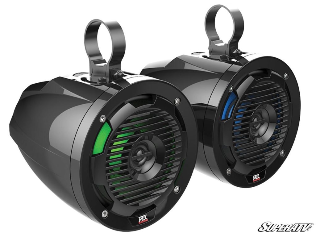 Product image of a pair of UTV cage mount speakers. 
