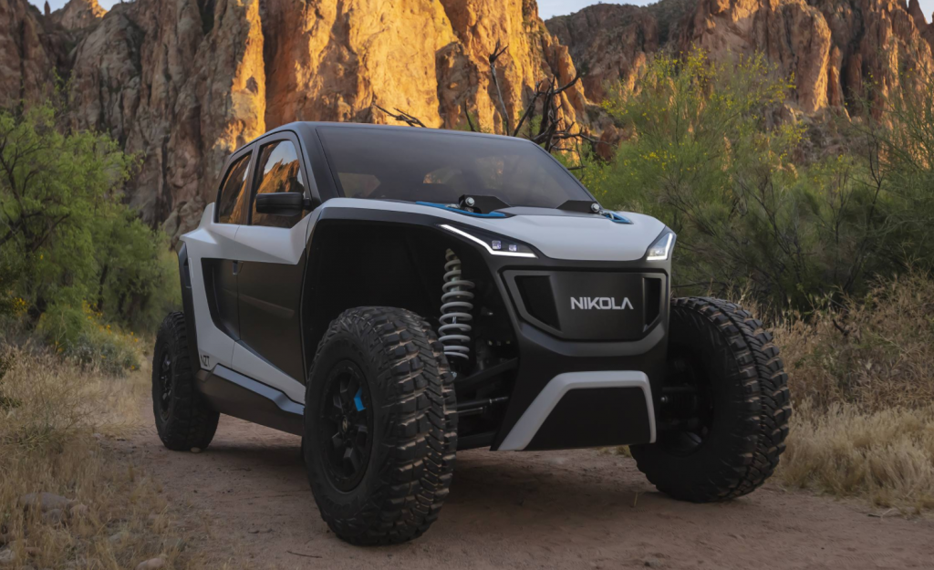 The Nikola NZT with a full cab enclosure in the desert