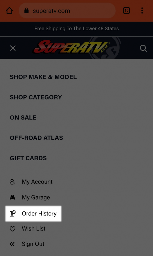 Menu showing order history option