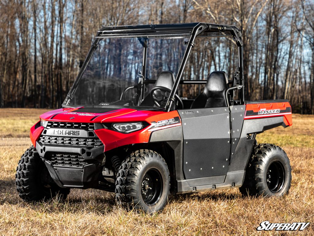 A Polaris Ranger with aluminum half doors.