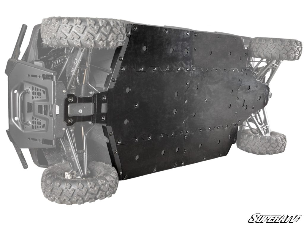 A Ranger turned on its side revealing the skid plate.