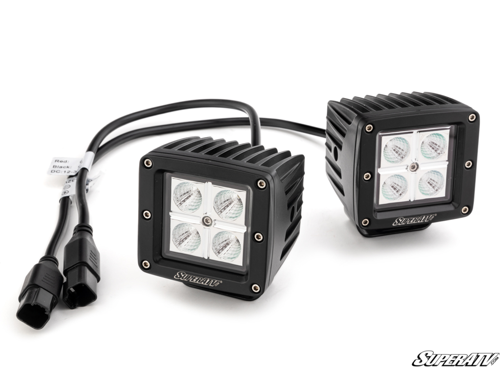 Two cube lights standing on a white background.