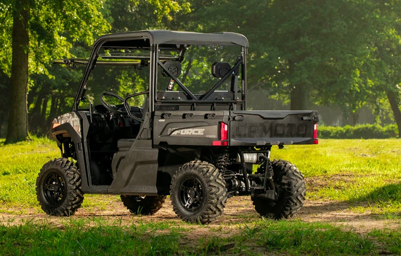 A camo CFMOTO UForce 600 with SuperATV accessories installed.