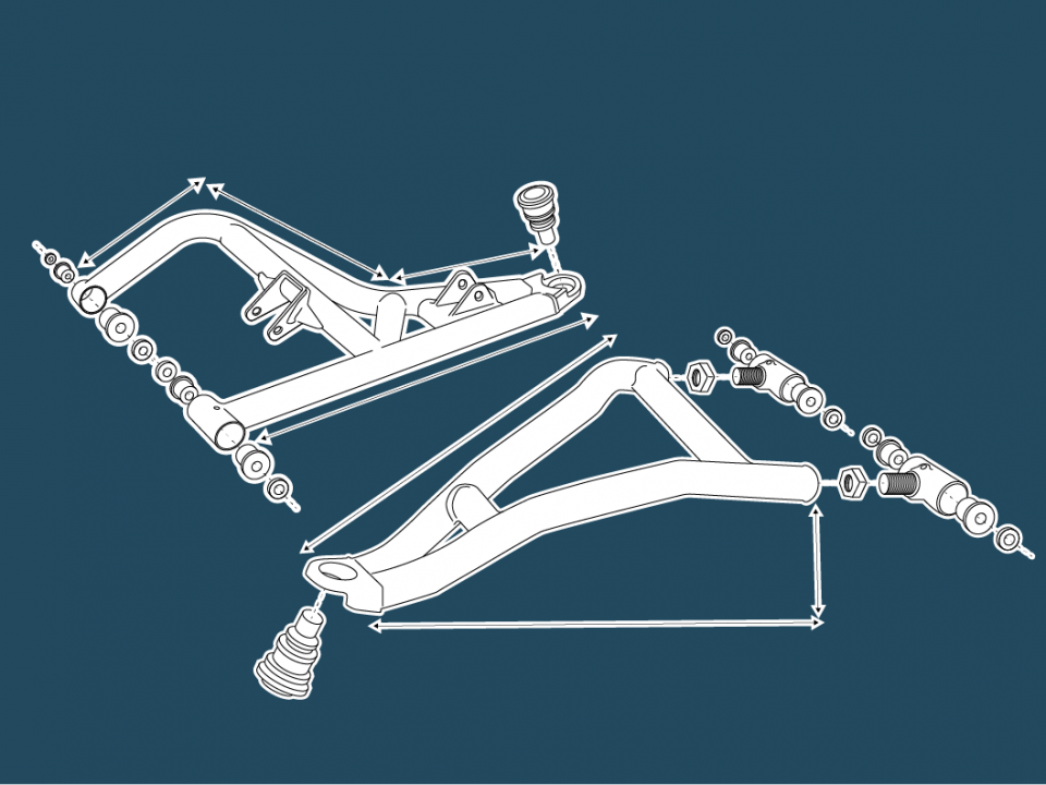 An exploded view of UTV A-Arm parts