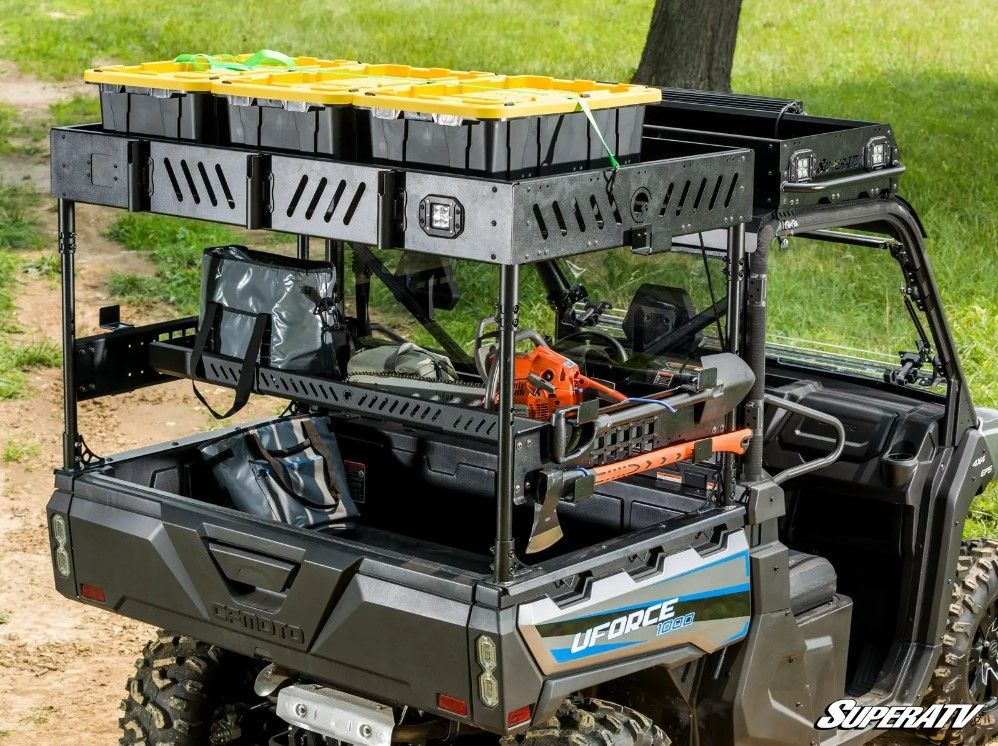 There's a ton of cargo loaded onto an Outfitter Bed Rack on a CFMOTO UForce.