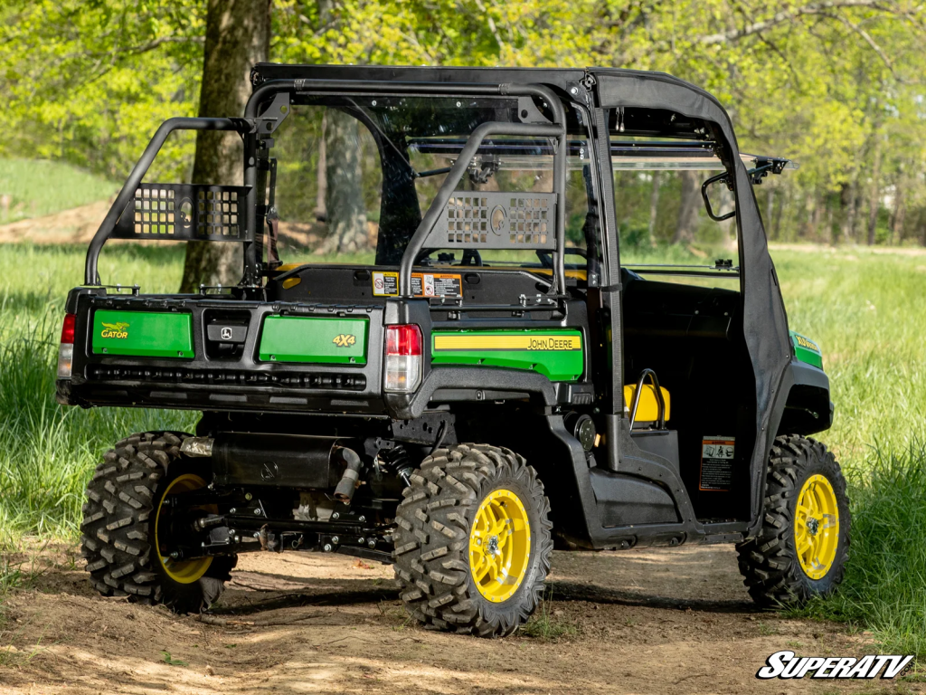 A John Deere Gator with a sports accessory bar.