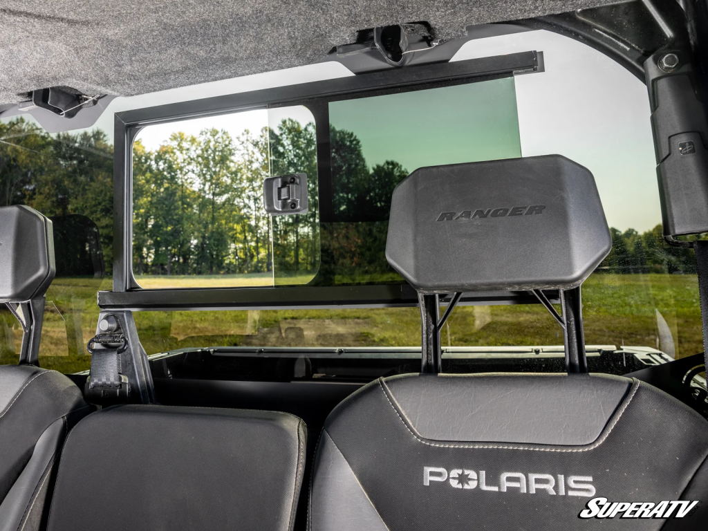 A view of the the sliding rear glass window from inside the Ranger XD 1500 cab.