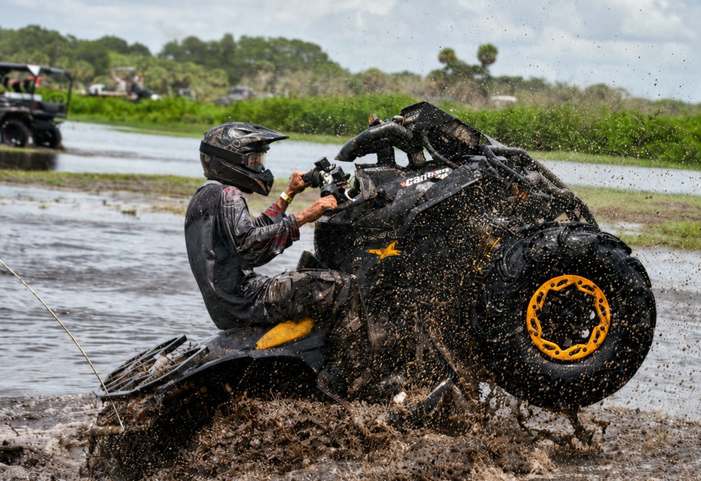 An ATV riding in the mud at Plant Bamboo Mud Park