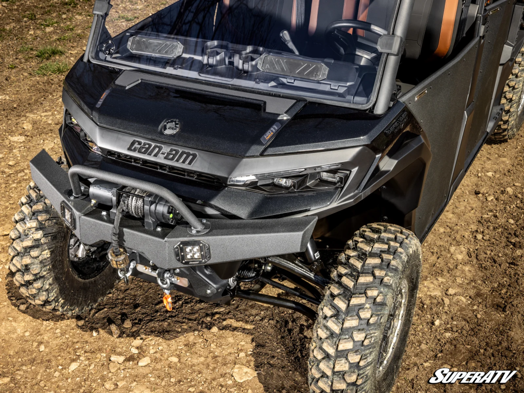 A SuperATV winch ready bumper on a Defender HD11