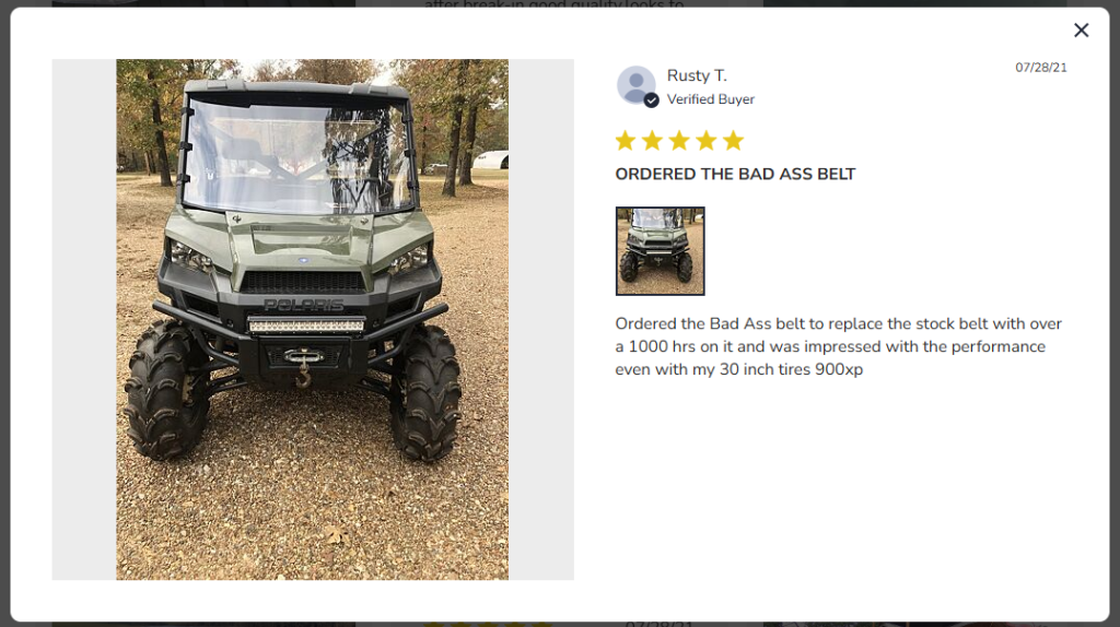 A screenshot of a 4-star review of a Polaris Ranger belt.