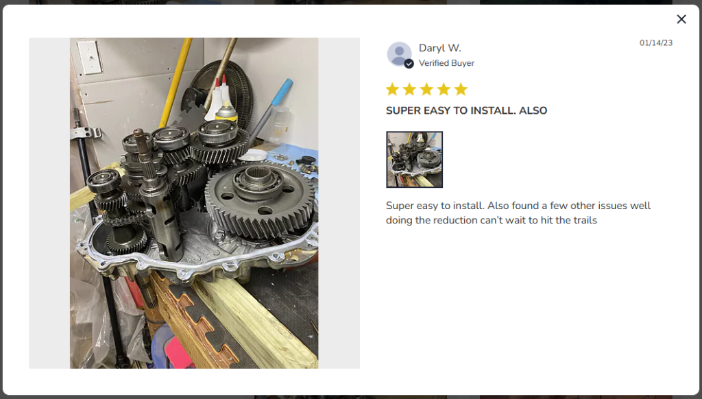 A screenshot of a review of a gear reduction kit.
