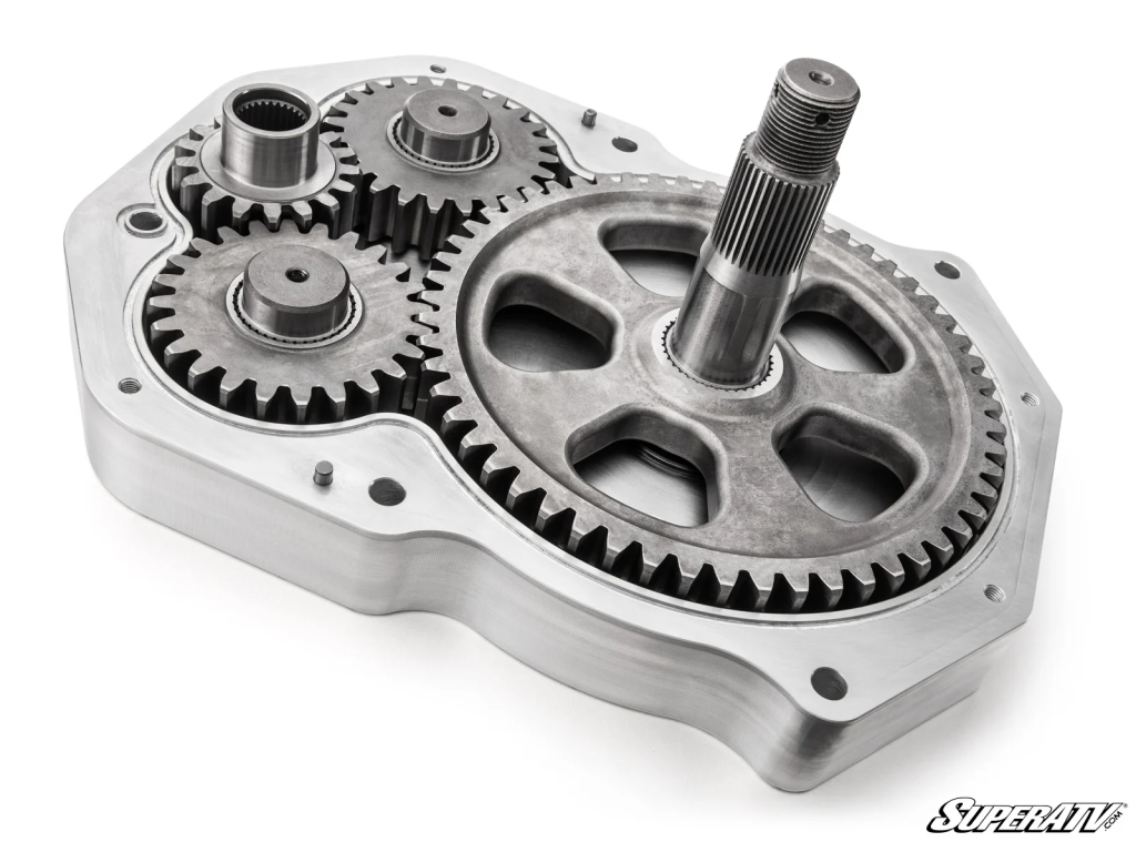 A dual idler 8" GDP Portal hub with the lid removed, exposing the gears.