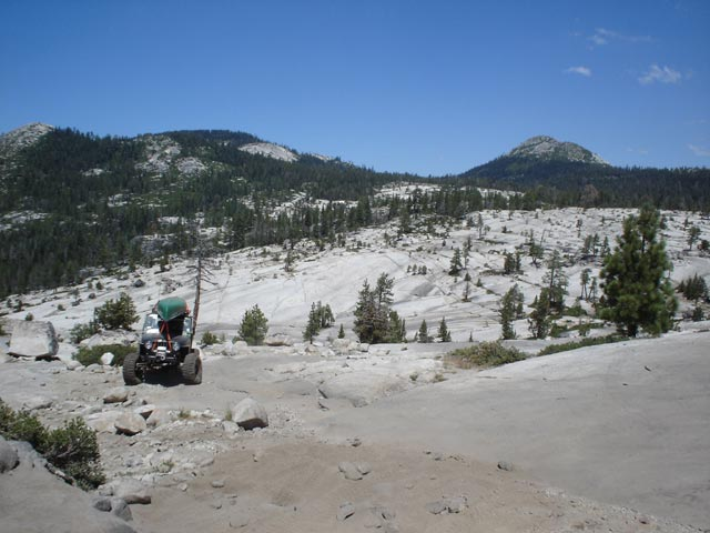 A Jeep navigating a granite boulder field on the Rubicon Trail.
