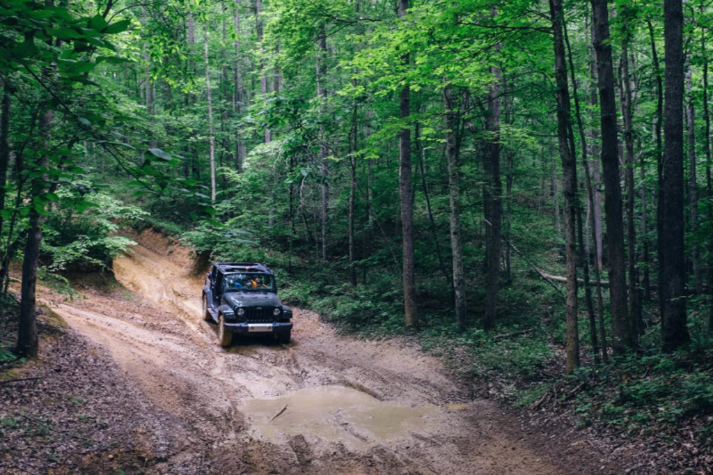 A Jeep on a muddy trail in the woods of West Virginia.