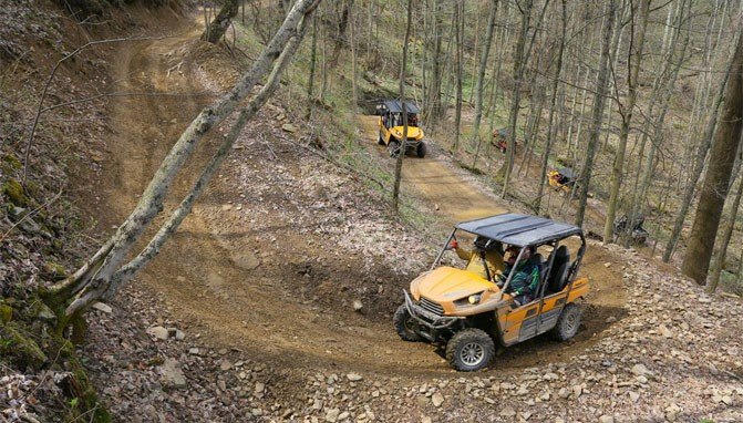 UTVs on a switchback trail in the woods in West Virginia