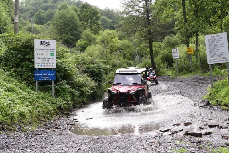 A UTV crossing a creek on Hatfield-McCoy trail system