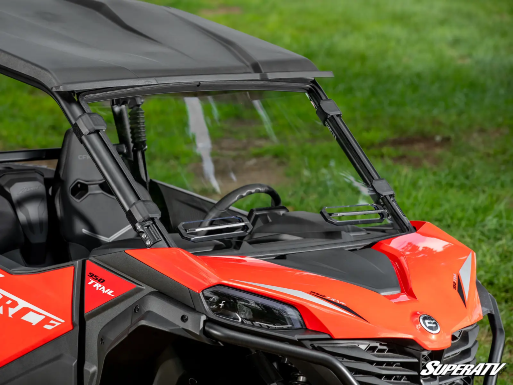 A CFMOTO ZForce 950 Trail with a SuperATV vented windshield installed.