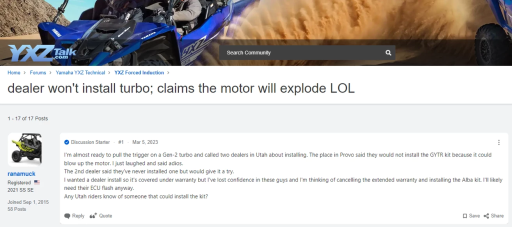 A screenshot from the YXZ Talk UTV forum. It shows the type of questions people often ask on forums.