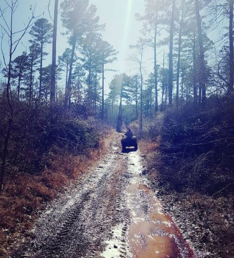 4 wheeler going down dirt trail in woods