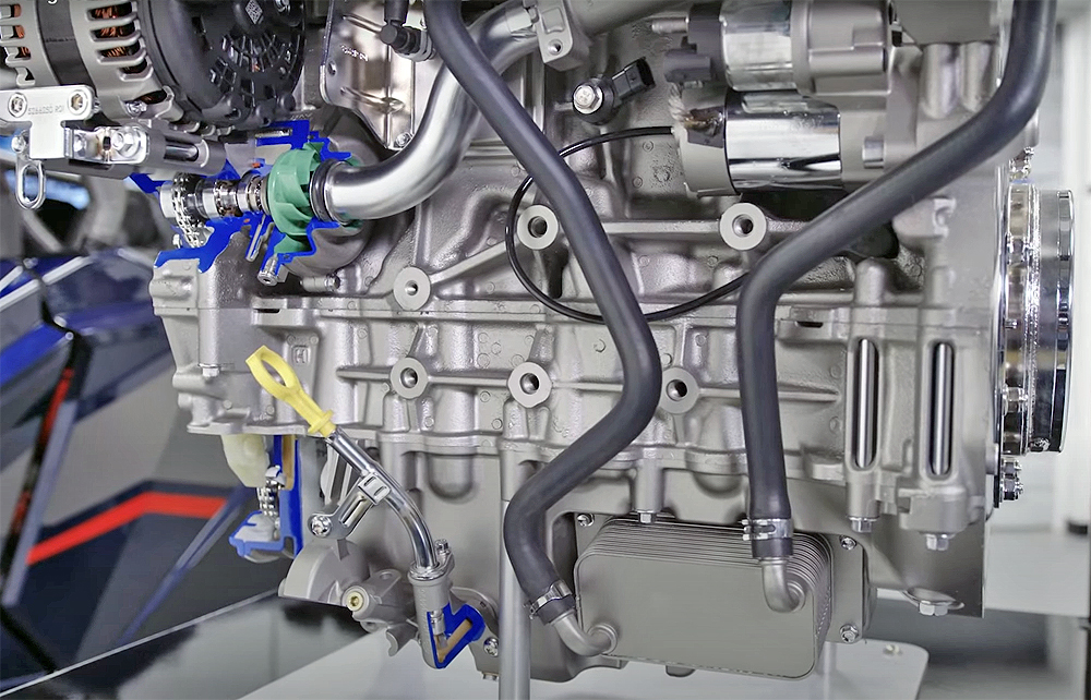 A close up of the cool side of a new Polaris RZR Pro R's engine.