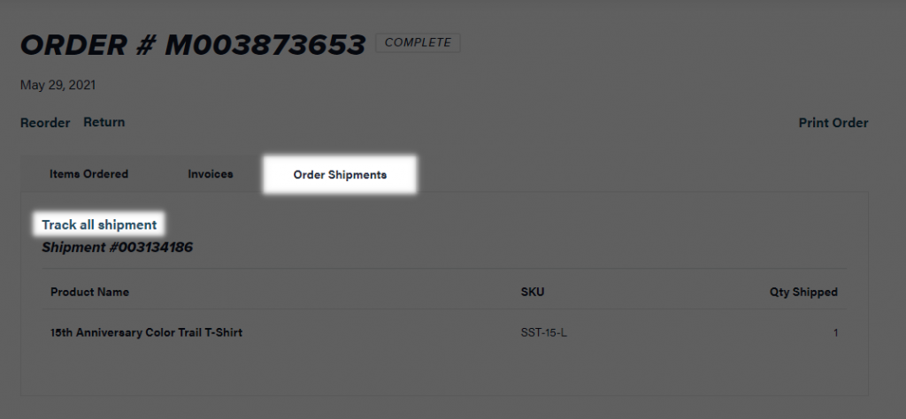 Desktop page showing order shipments tab and link to track all shipments.