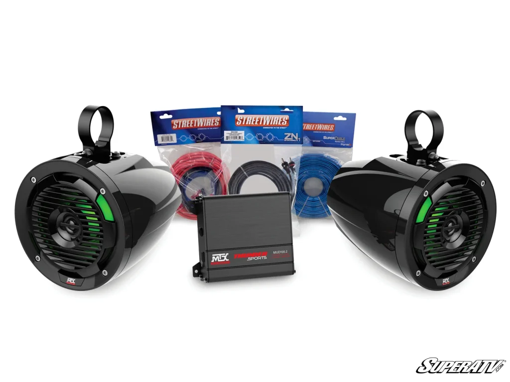 Product image of a pair of Bluetooth UTV speakers. 